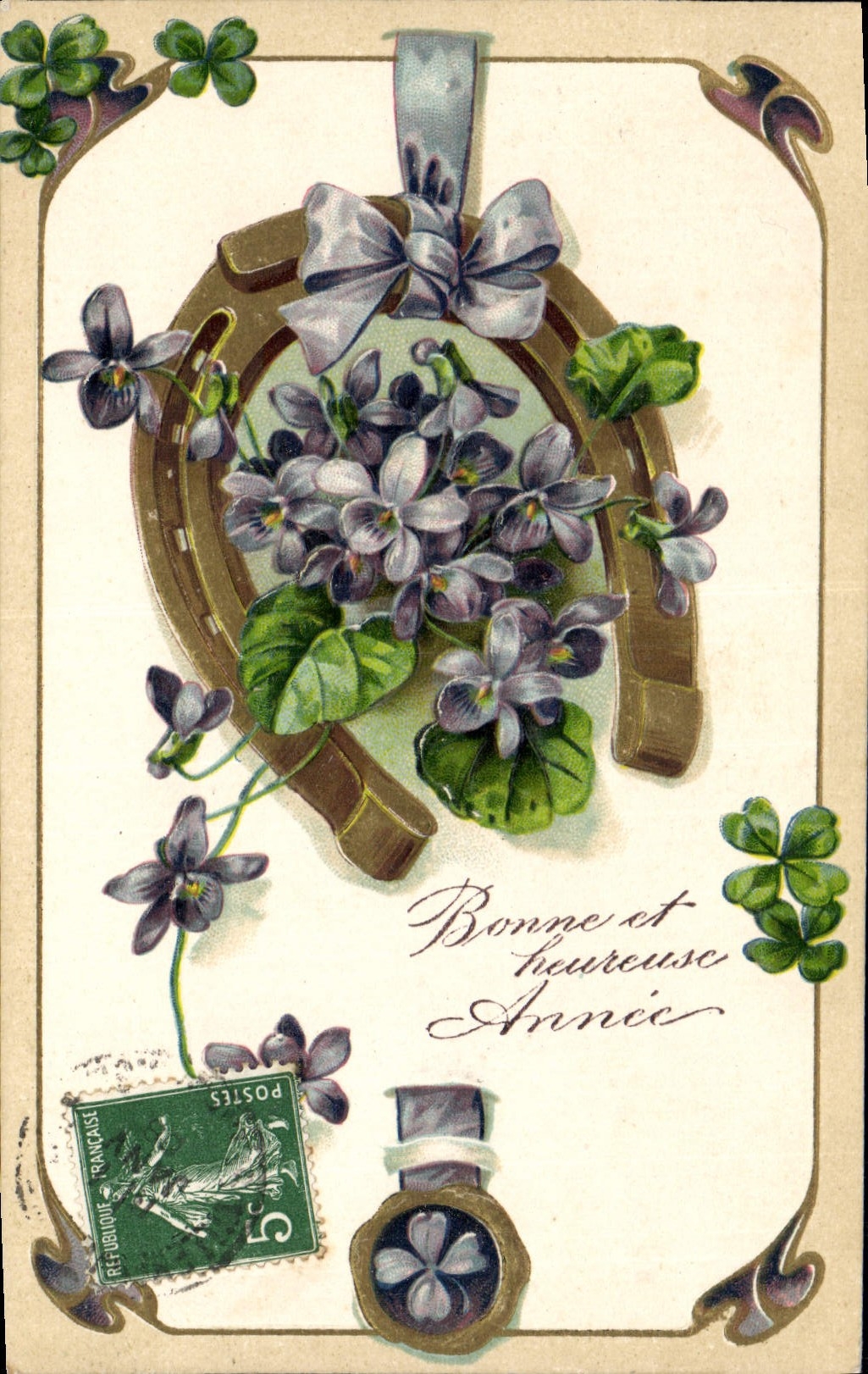 CPA Fantaisie Fleurs Fer a cheval Trefles