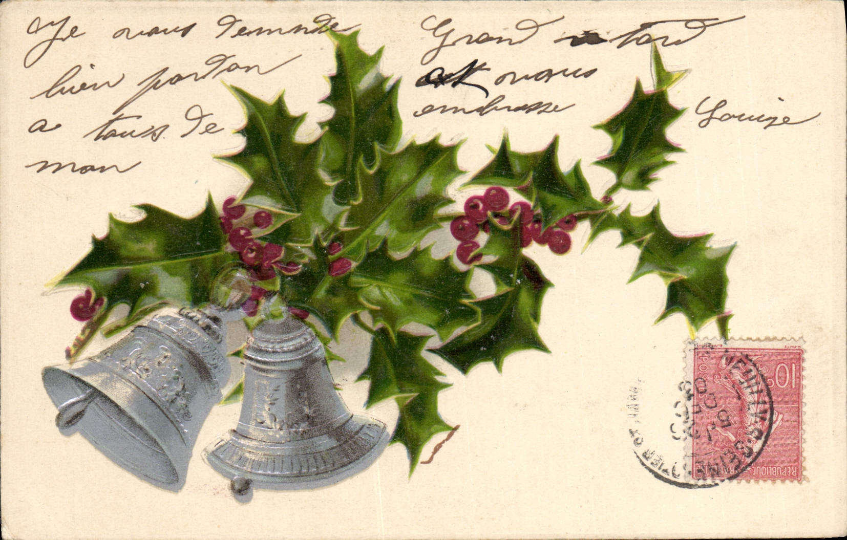 Vintage Postcard Fantasy Flowers Bells Holly