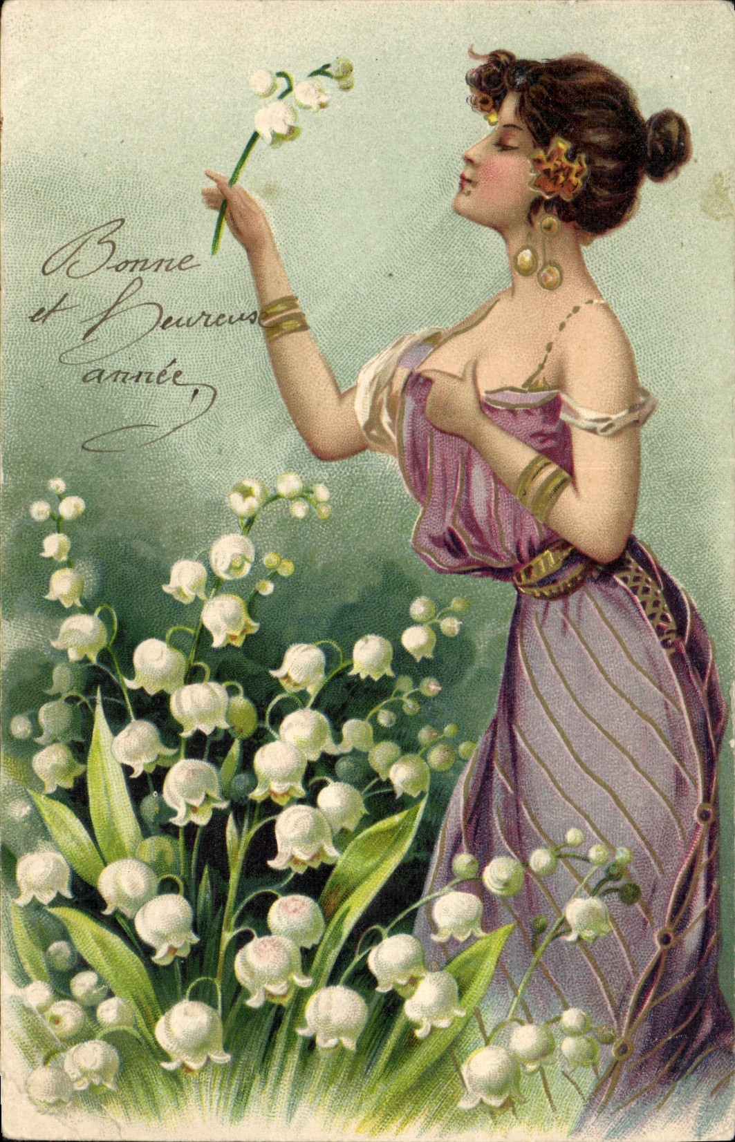 Vintage Postcard Fantasy Flowers Woman Lily of the valley