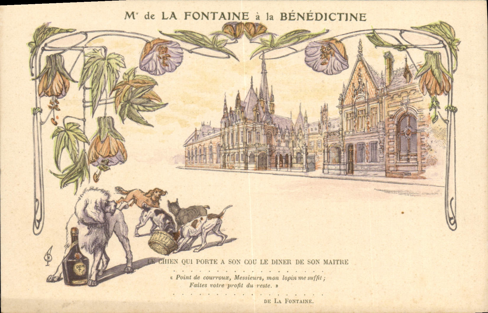 Vintage Postcard Publicite the Fountain has Benedictine Chien Dogs