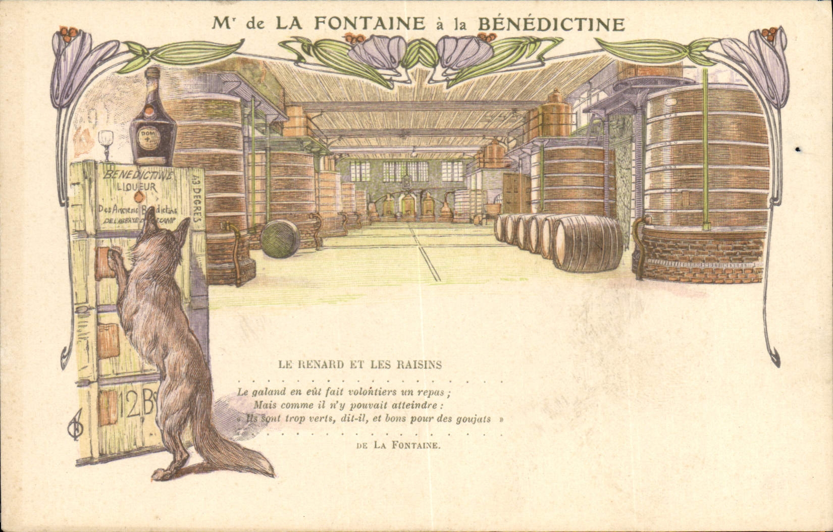Vintage Postcard Publicite the Fountain has Benedictine the fox and the grapes