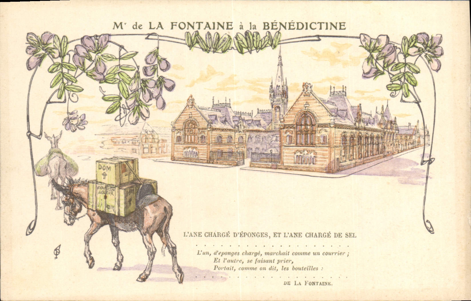 Vintage Postcard Publicite the Fountain has Benedictine the donkey charges with sponges and the donkey charges with salt