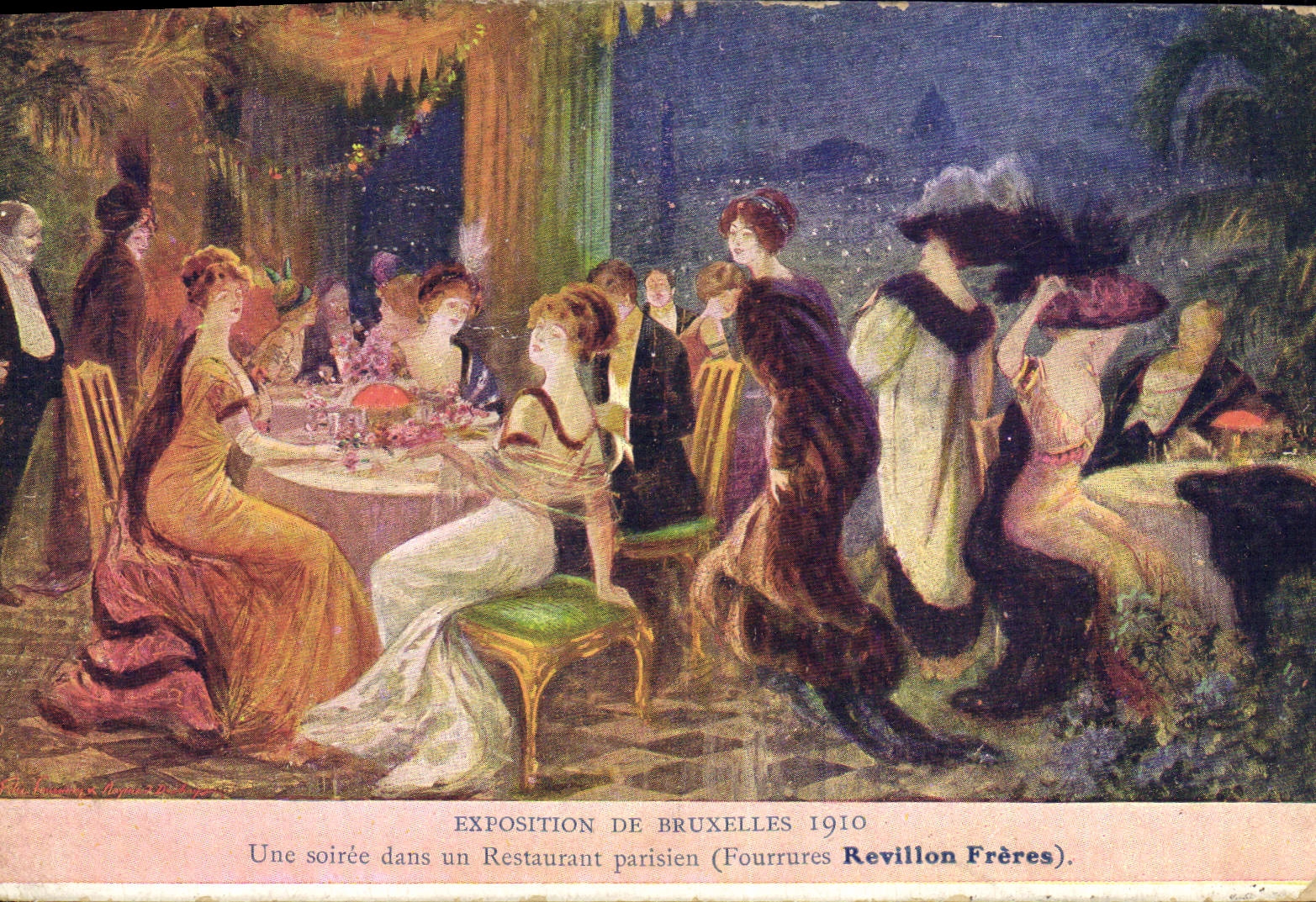 CPA Publicite Exposition de Bruxelles 1910 Une soiree dans le restaurant parisien Fourrures Revillon Freres