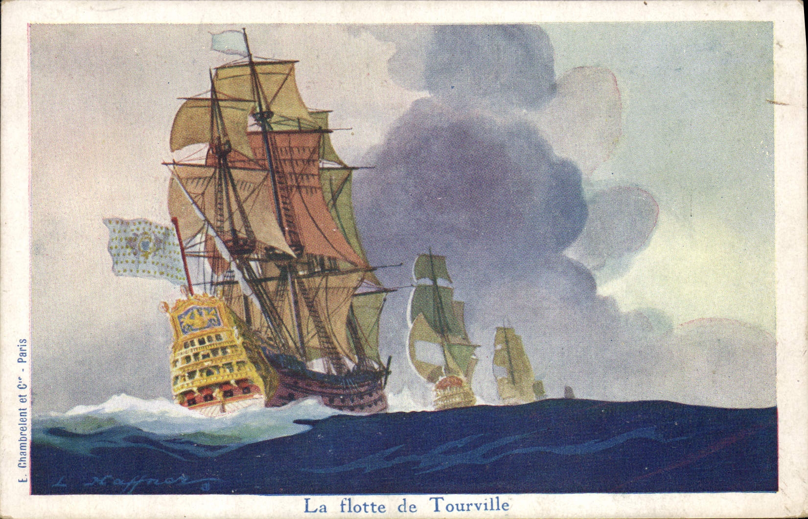 Vintage Postcard Boat Haffner Illustrator the fleet of Tourville