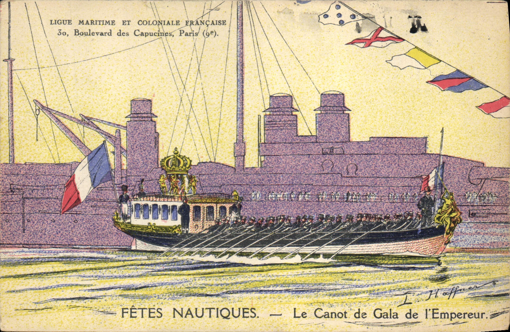 Postal Barco Ilustrador Haffner Festivales naúticos el bote de gala del Emperador