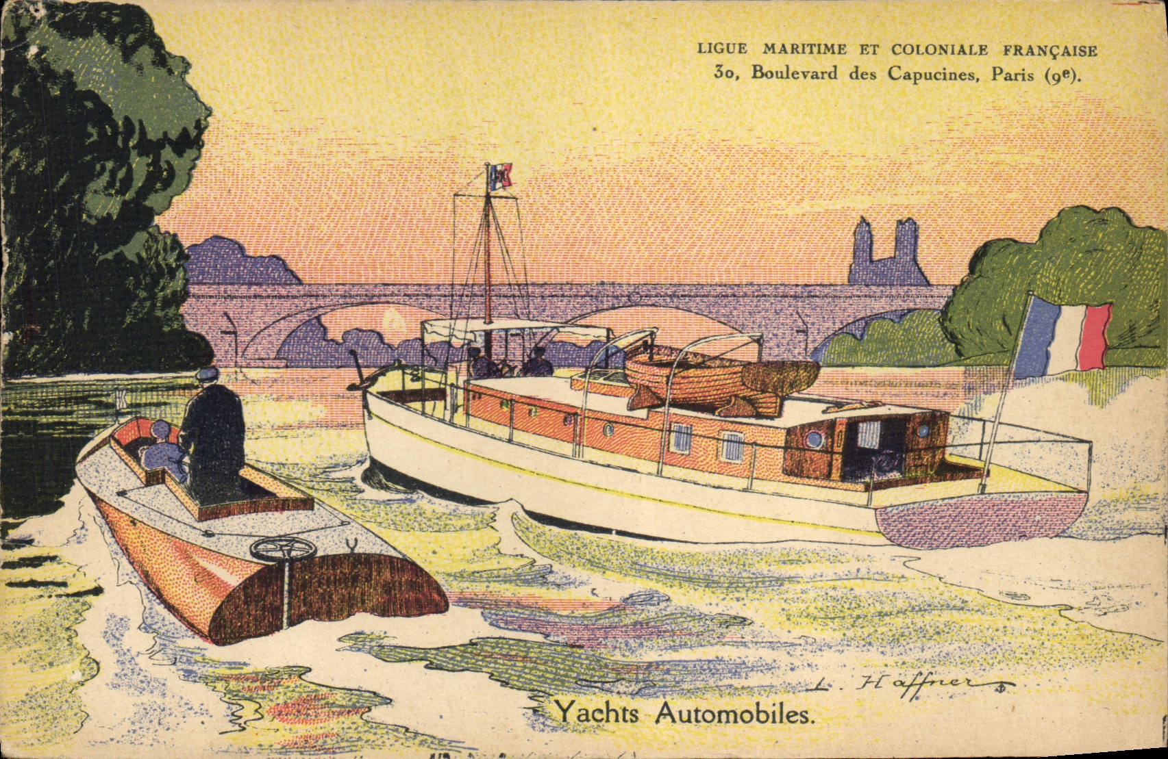 Vintage Postcard Boat Illustrator Haffner automobile Yachts