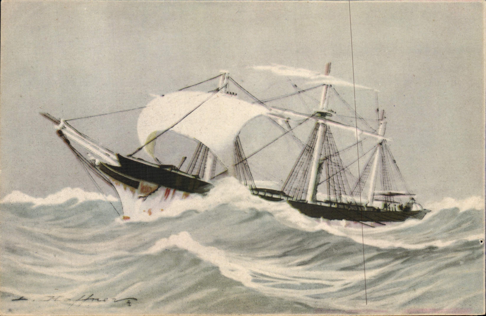 Vintage Postcard Boat Sailing Haffner Illustrator In escape