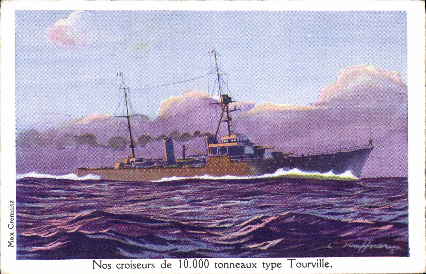 Postal Barco Guerra Ilustrador Haffner Cruceros de 10000 barriles modelo Tourville