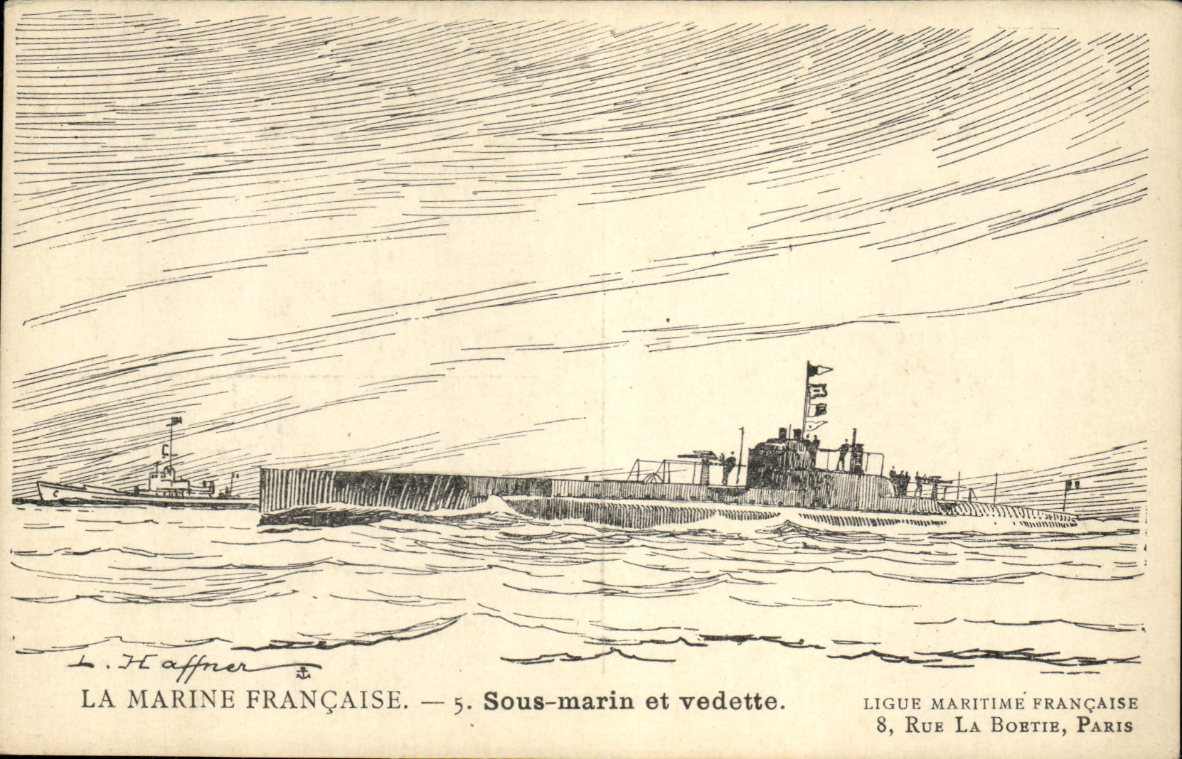 CPA Bateau Guerre Illustrateur Haffner Sous marin et vedette