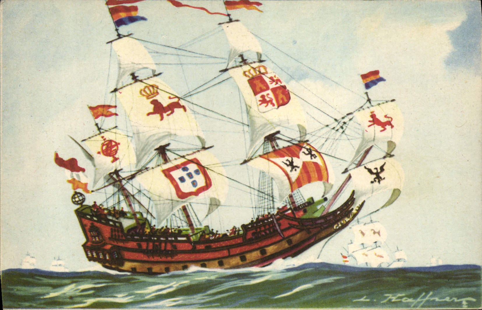 Vintage Postcard Boat Illustrator Haffner Galleon