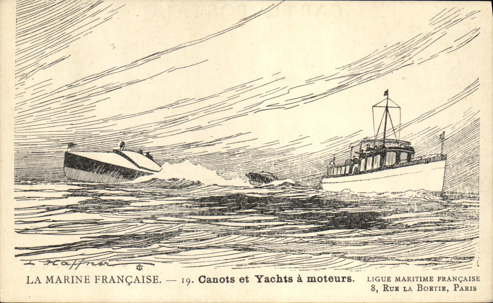 Postal Barco Ilustrador Haffner Botes y yates tiene motor