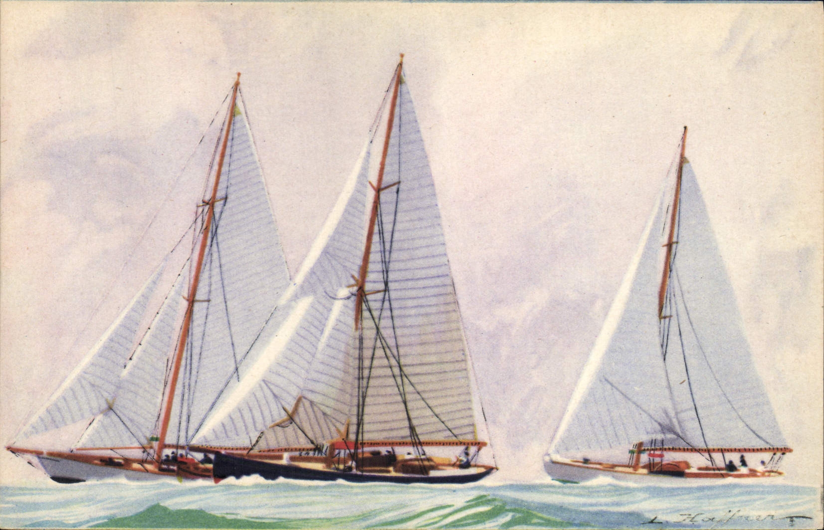 Vintage Postcard Boat Illustrator Haffner Racing yachts