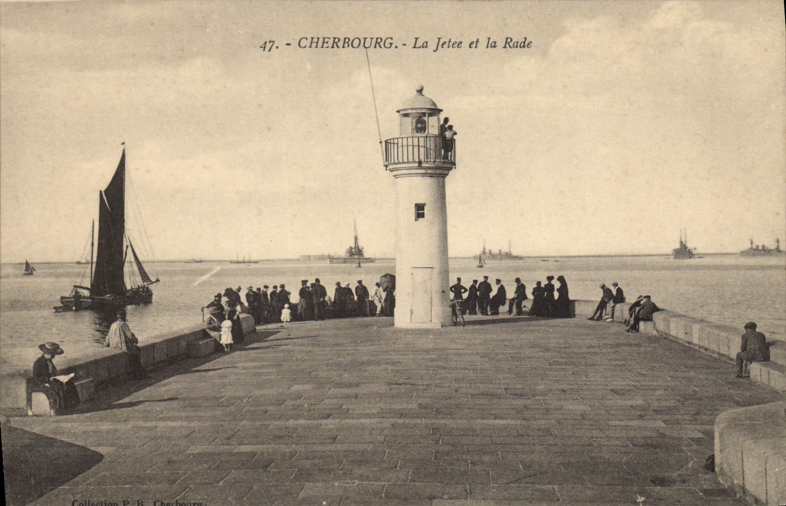 Vintage Postcard Cherbourg Headlight the pier and roads