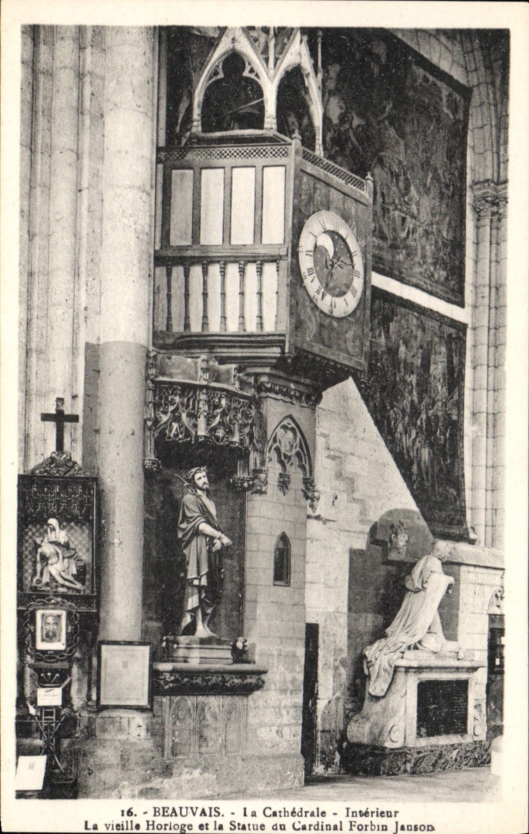 Postal Reloj Beauvais la catedral Interior el viejo reloj y la estatua del cardenal Forbin Janson