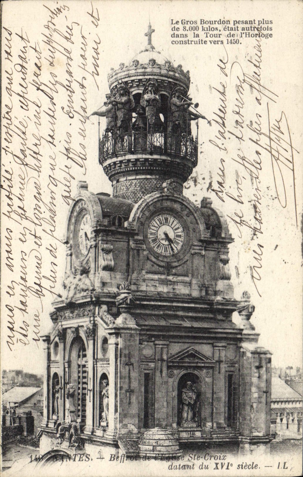 Vintage Postcard Clock Nantes Belfry of the church co. Cross