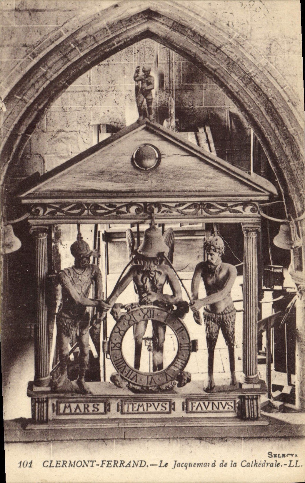 Vintage Postcard Clock Clermont Ferrand Jacquemard of the cathedral