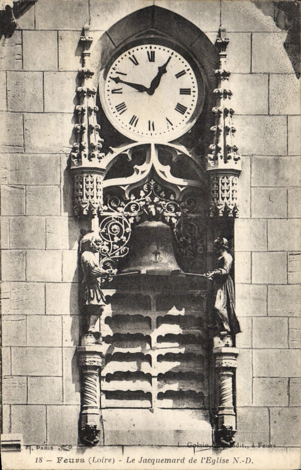 Vintage Postcard Feurs Clock Jacquemard of the church