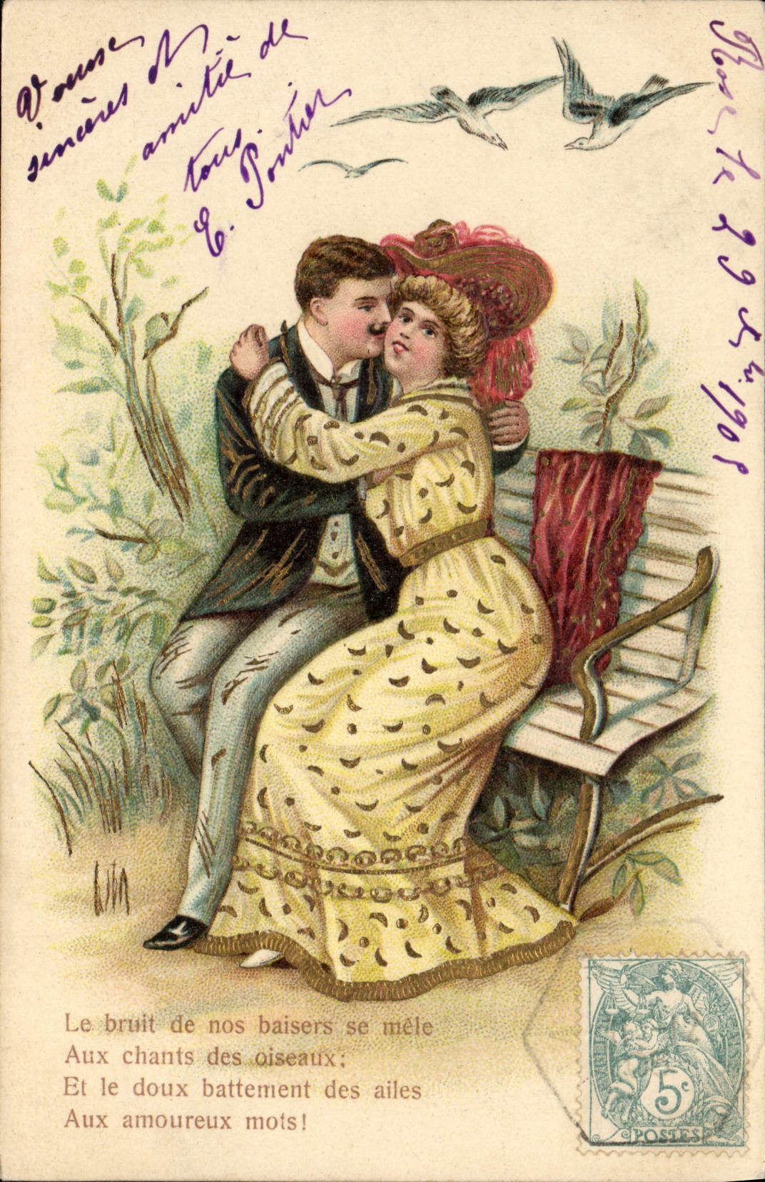 Vintage Postcard Fantasy Flowers Woman Swallows