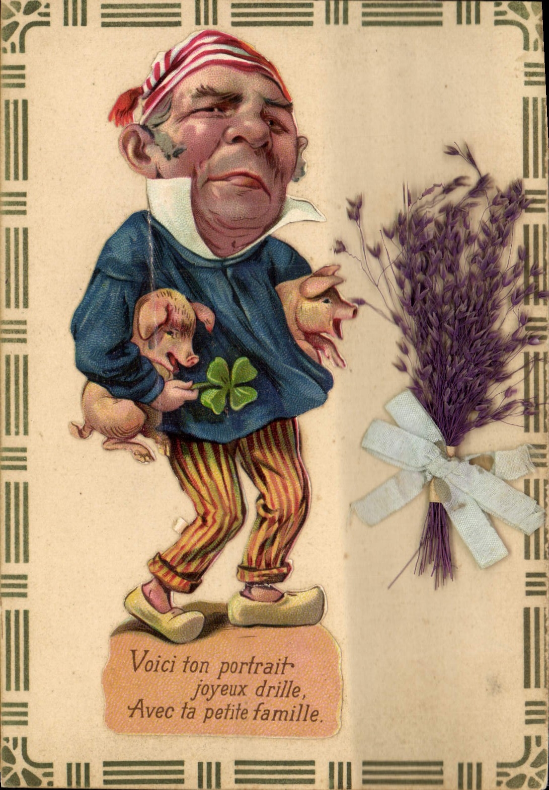 Vintage Postcard Fantasy Flowers Man Clover Pig Pig