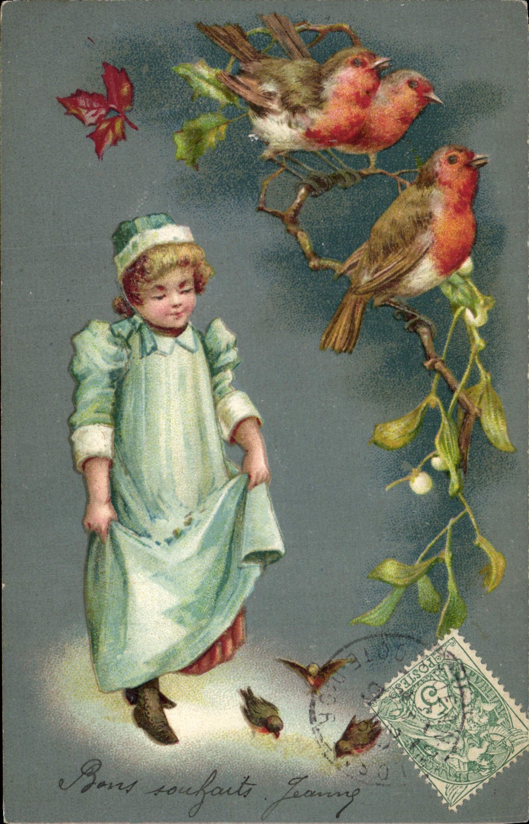 Vintage Postcard Fantasy Flowers Child Birds