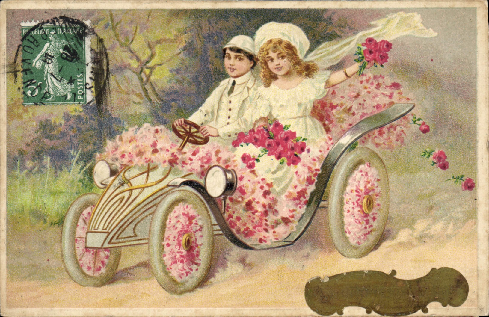 Automobile Vintage Postcard Fantasy Flowers Children
