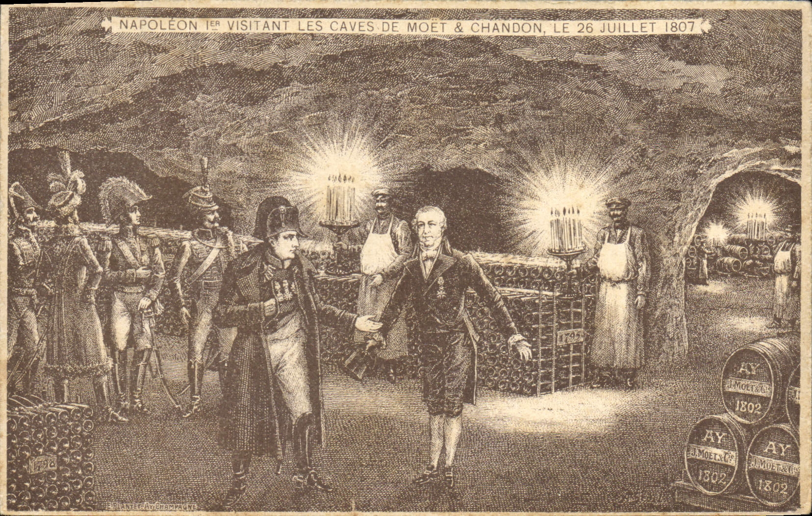 Postal Folclore Vino Vendimia 1.o Champaña Napoleón que visita las bodegas de Moet & Chandon