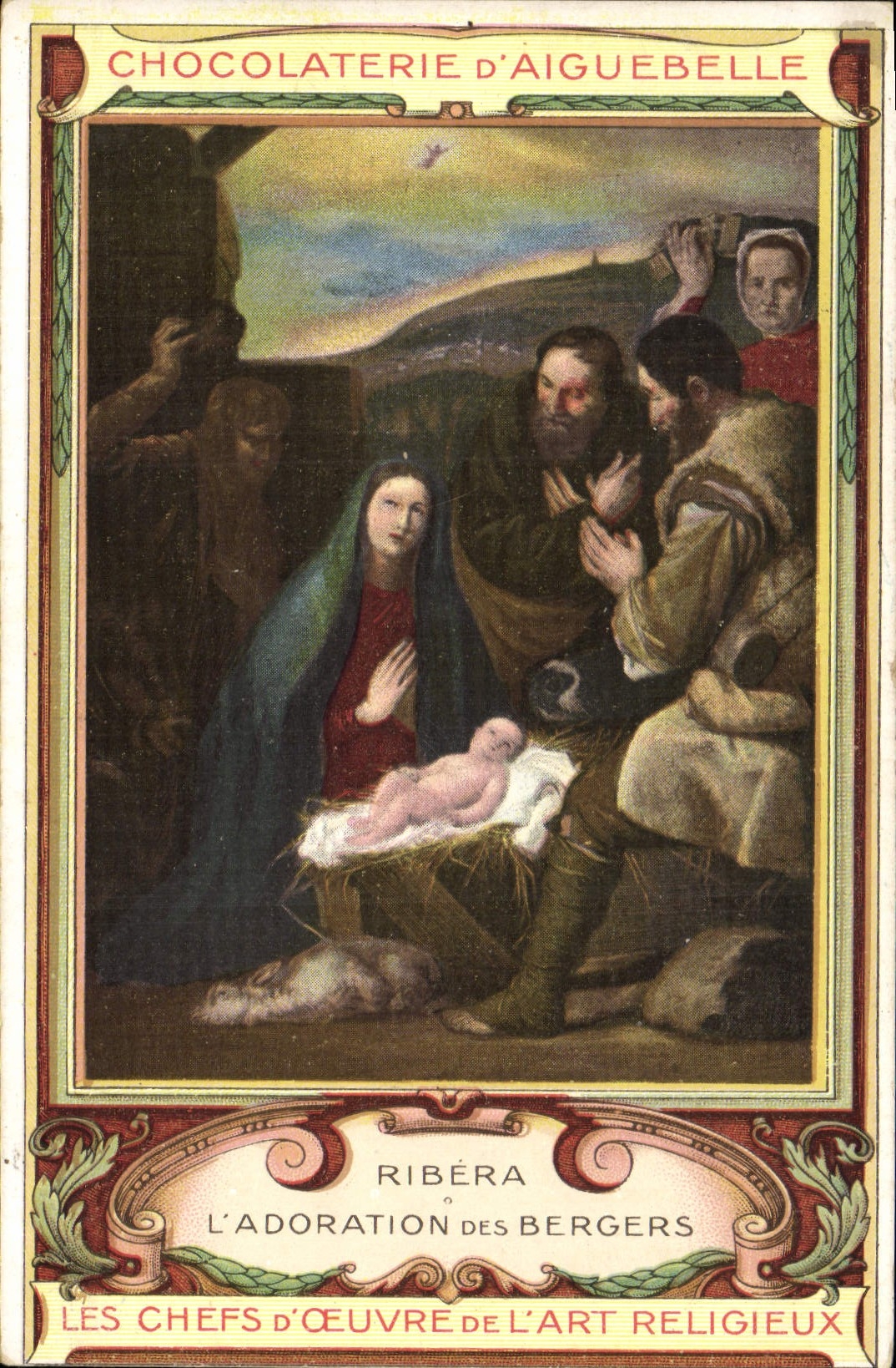 Postal Publicidad Chocolatería de Aiguebelle Ribera la adoración de los pastores