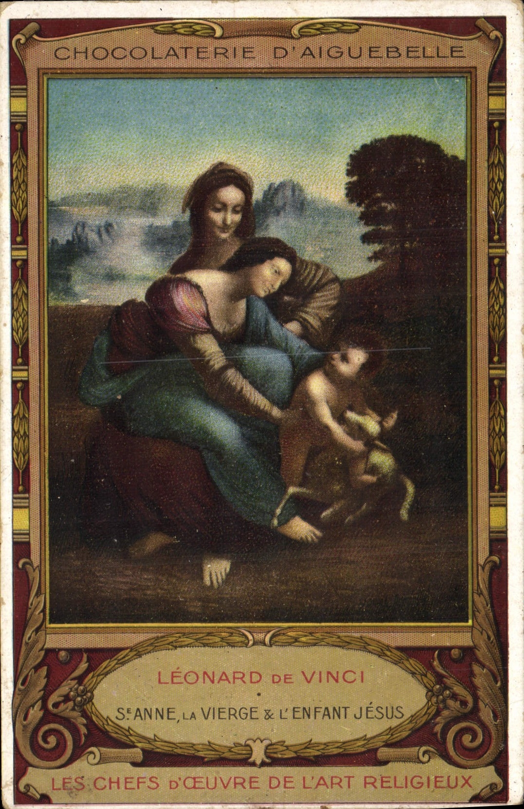 Vintage Postcard Publicity Chocolate factory of Aiguebelle Leonardo da Vinci co. Anne the Virgin and the Child Jesus