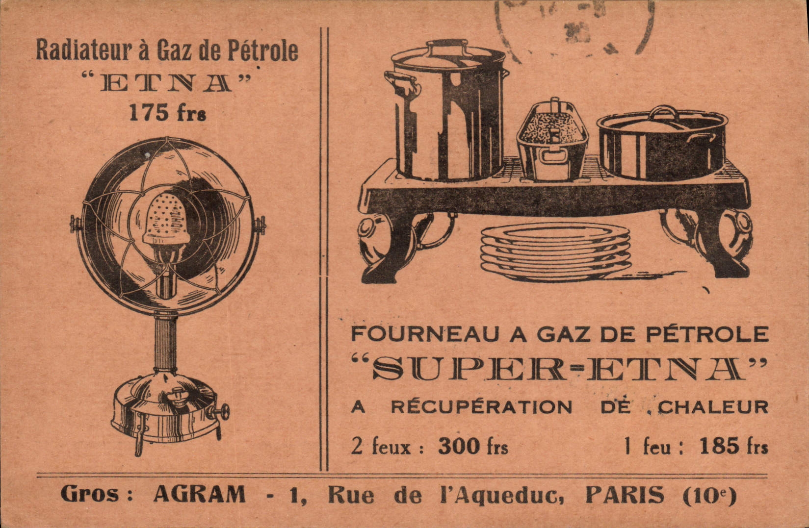 CPA Publicite Fourneau a gaz Super Etna Agram Rue de l'Aqueduc Paris 10eme 