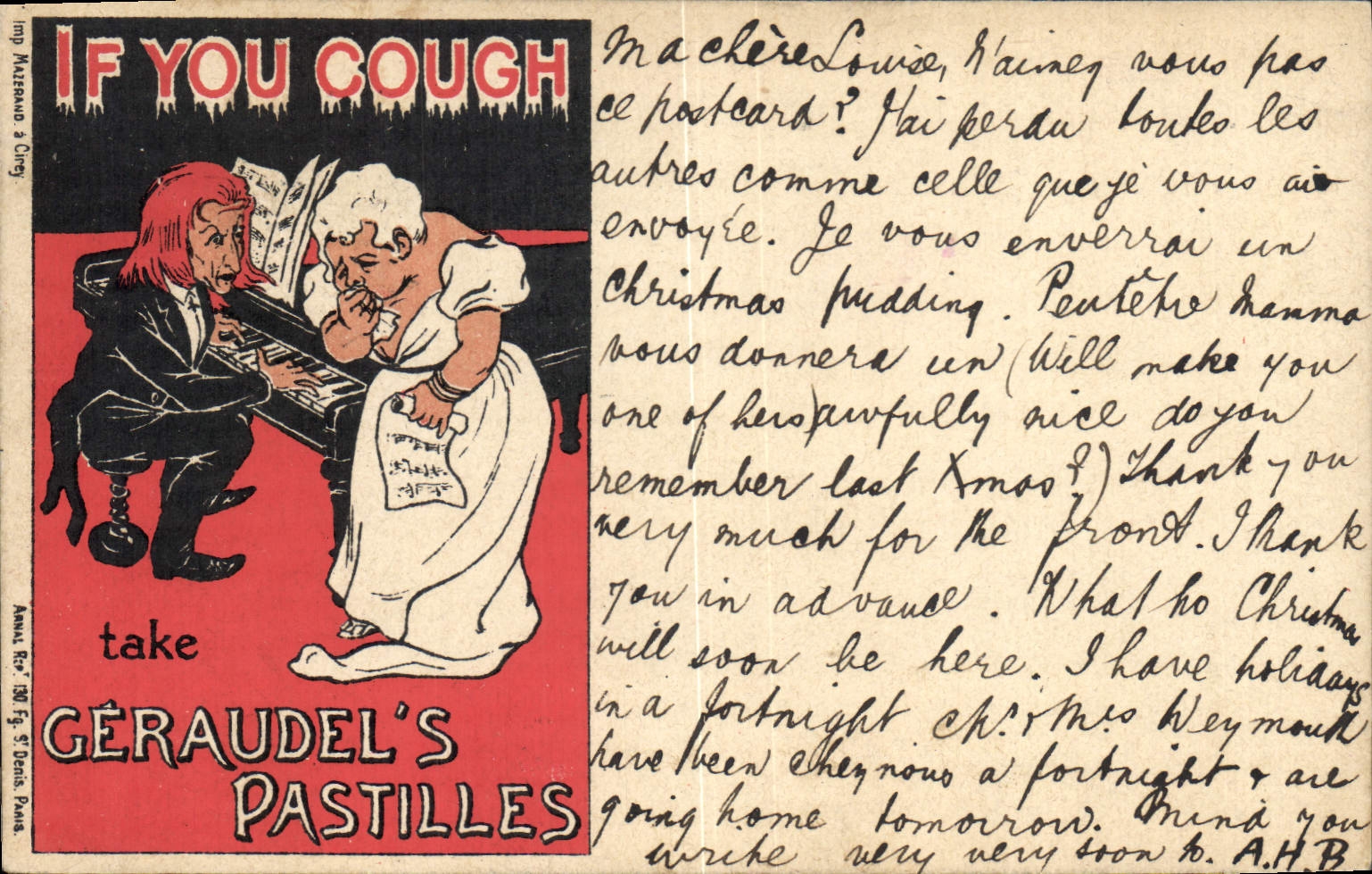 Vintage Postcard Publicity Yew you cough take Geraudel' S Pastilles Woman Piano SIGNAL