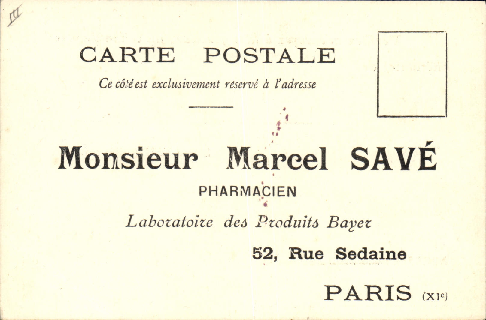 Postal Publicidad Marcel Save Pharmacien Laboratorios de los Productos Bayer Rue Sedaine París