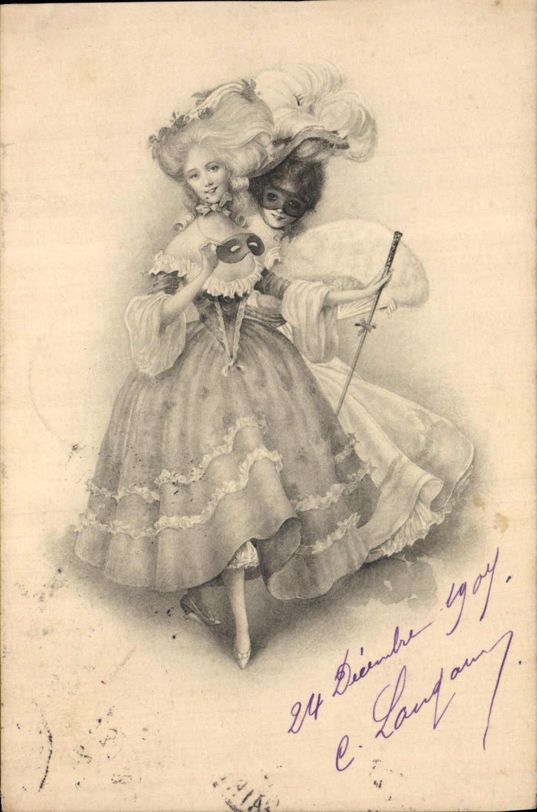 Vintage Postcard Fantaisie Illustrator Woman Carnival Masks