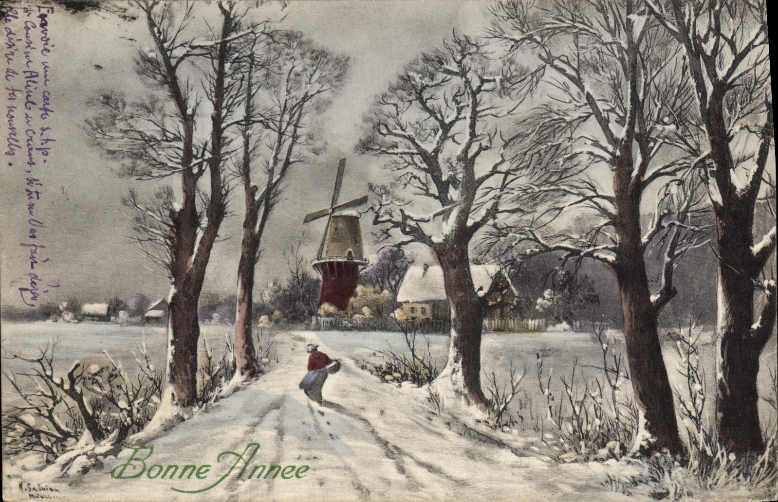 Vintage Postcard Fantaisie Illustrator Windmill Happy new year