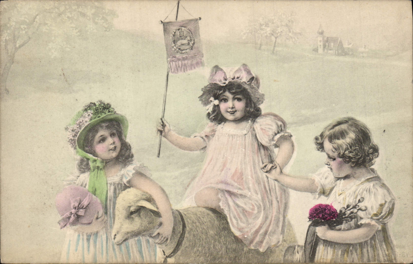 Vintage Postcard Fantasy Illustrator Children Lamb