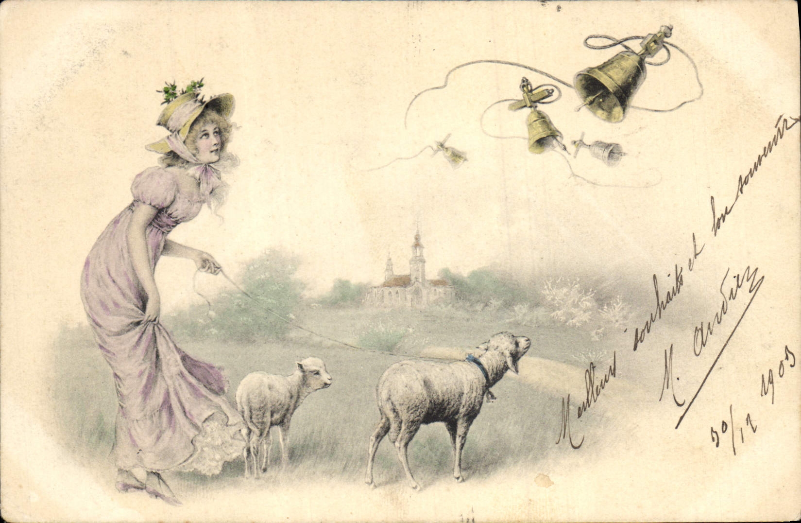 Vintage Postcard Fantasy Illustrator Woman Lamb Bells