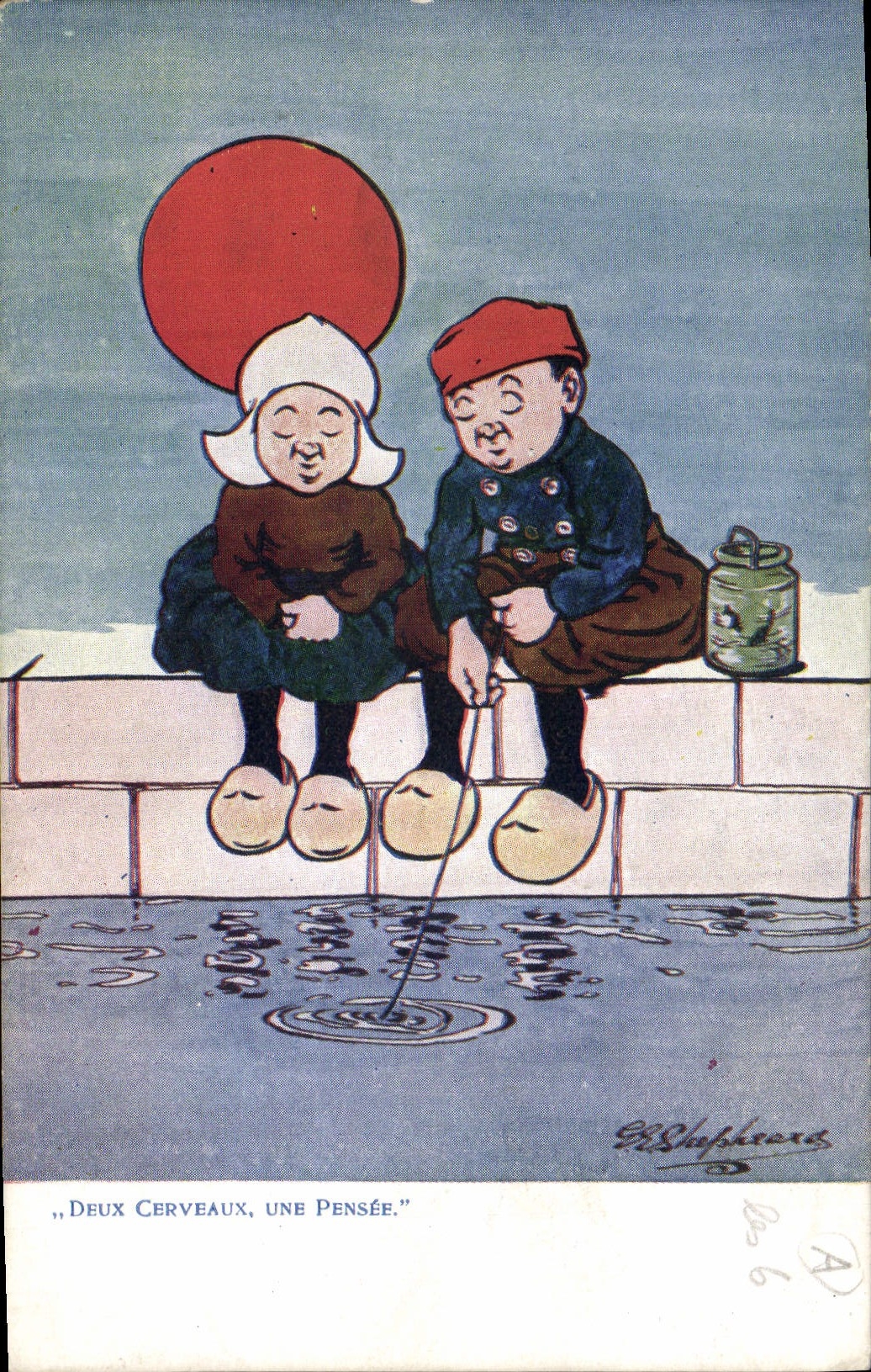 Vintage Postcard Fantaisie Illustrator Two brains a thought Fishes