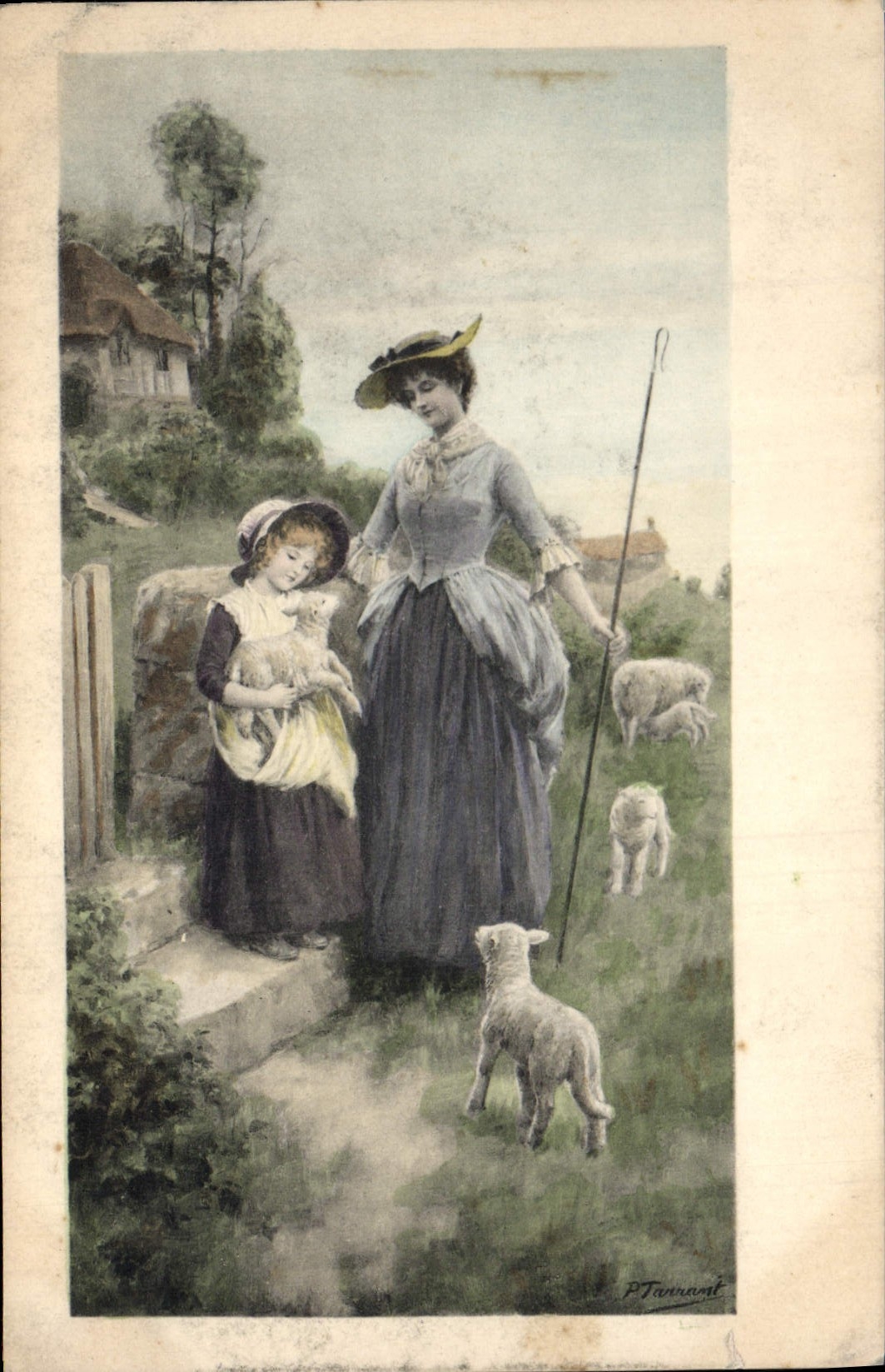 Vintage Postcard Fantasy Illustrator Child wife Lambs