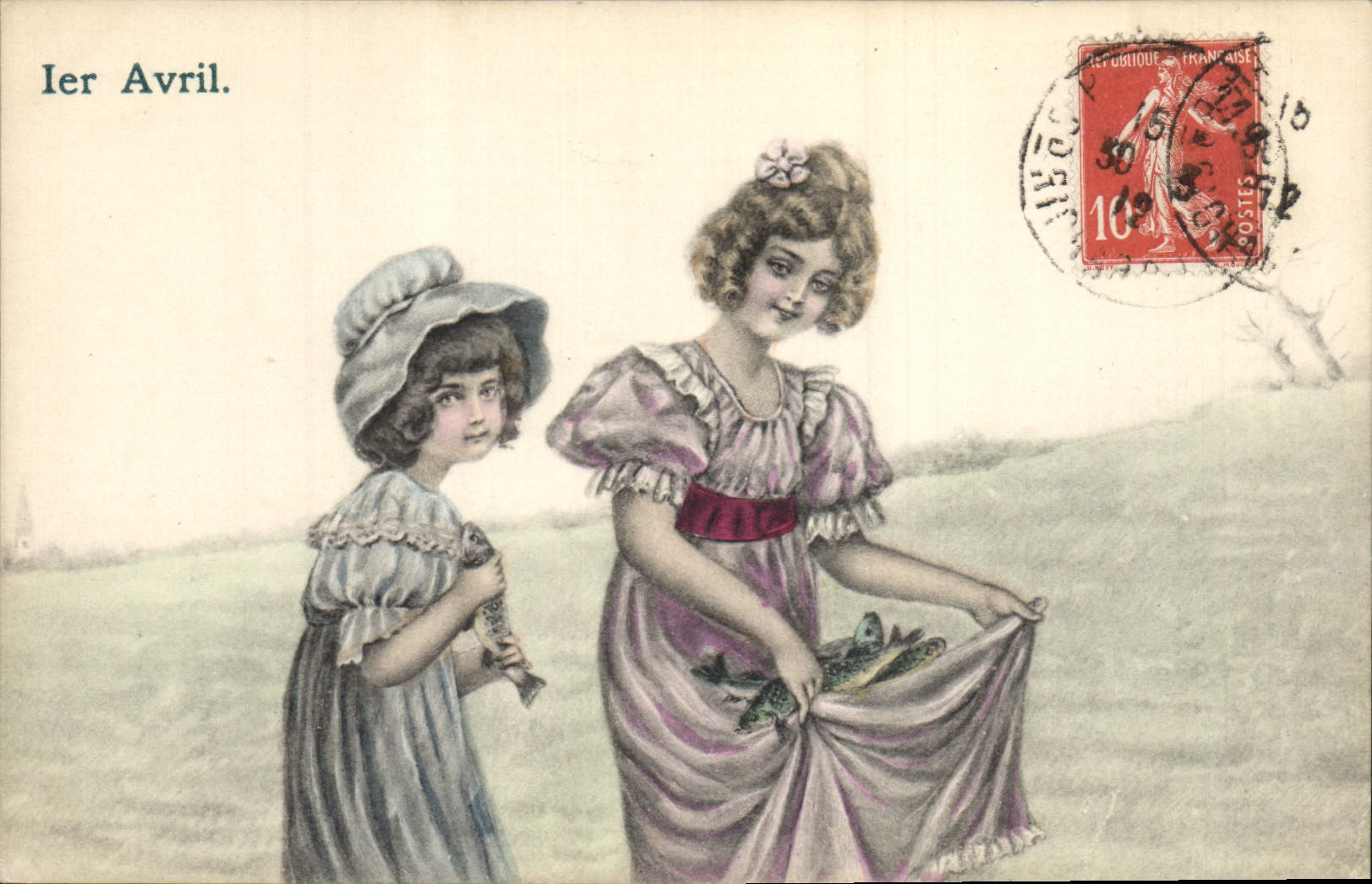 Vintage Postcard Fantasy Illustrator Woman Children April 1st