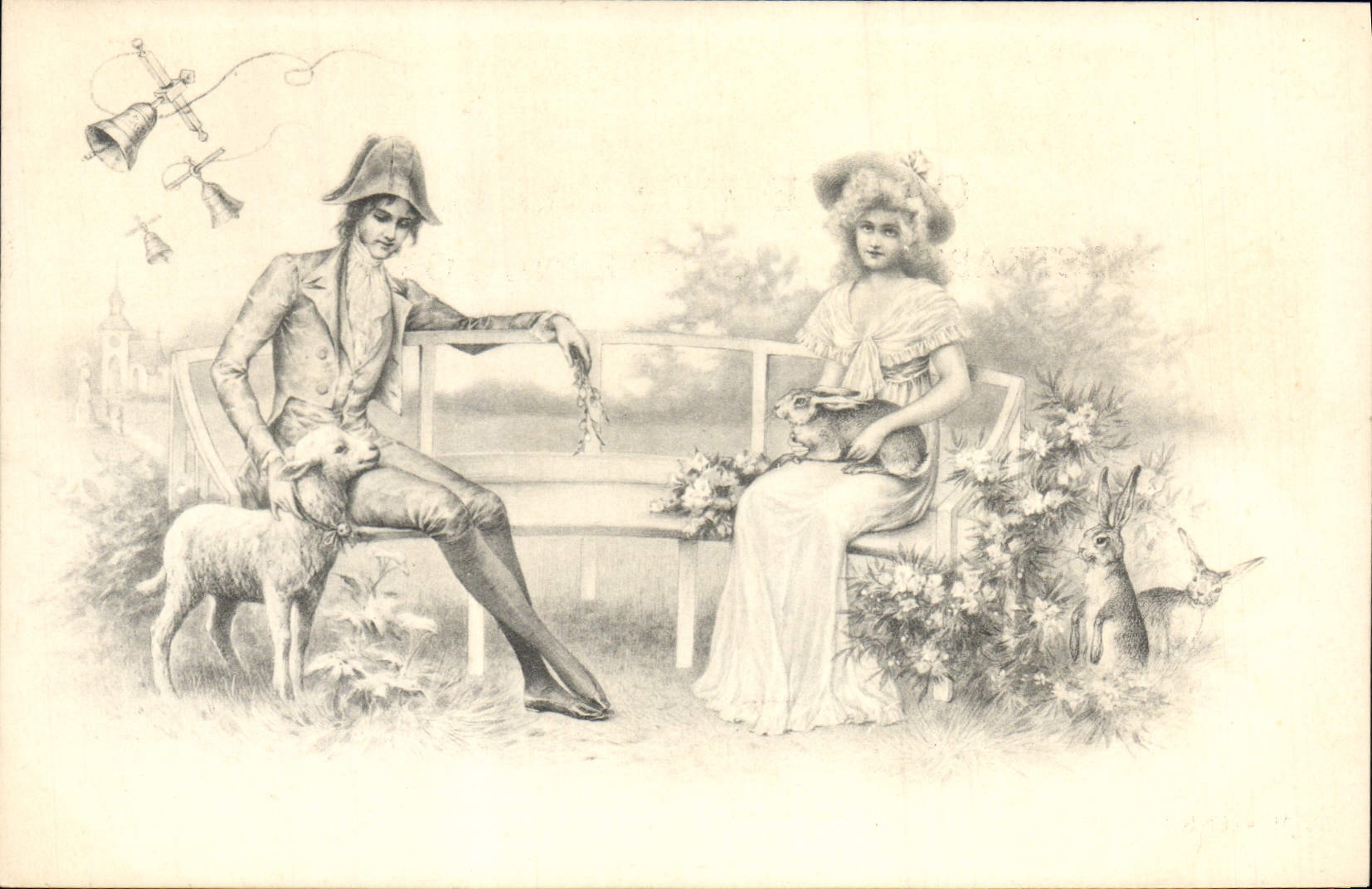 Vintage Postcard Fantasy Illustrator Woman Lamb Rabbits