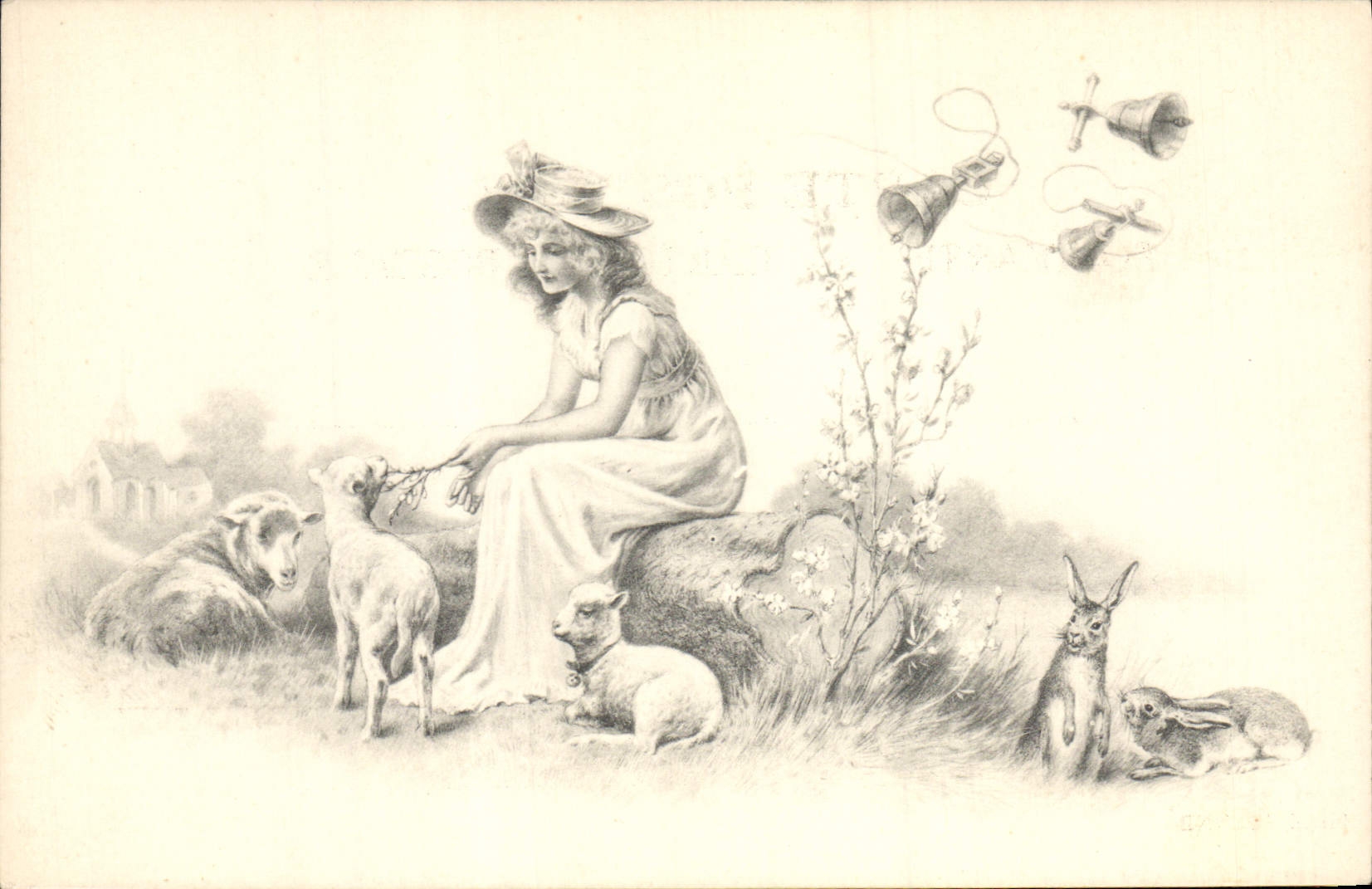 Vintage Postcard Fantasy Illustrator Woman Lamb Rabbits Bells