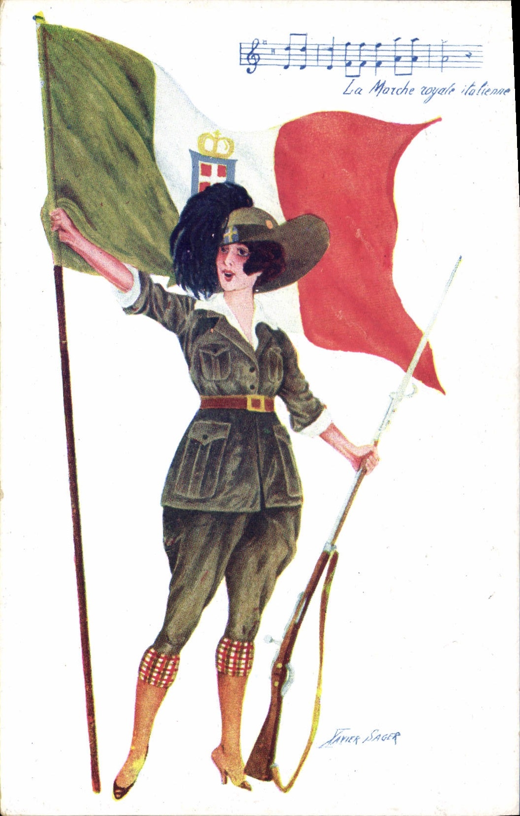 Vintage Postcard Fantasy Illustrator Xavier Sager Woman Flag Italy Sager
