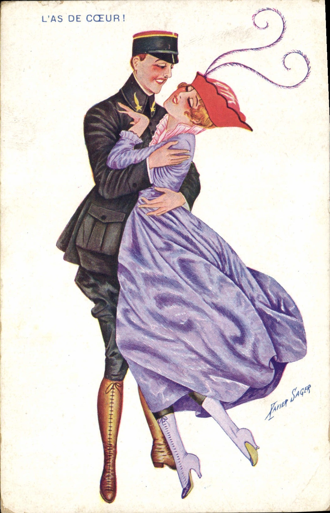 Vintage Postcard Fantasy Illustrator Xavier Sager Woman the ace of Militaria heart
