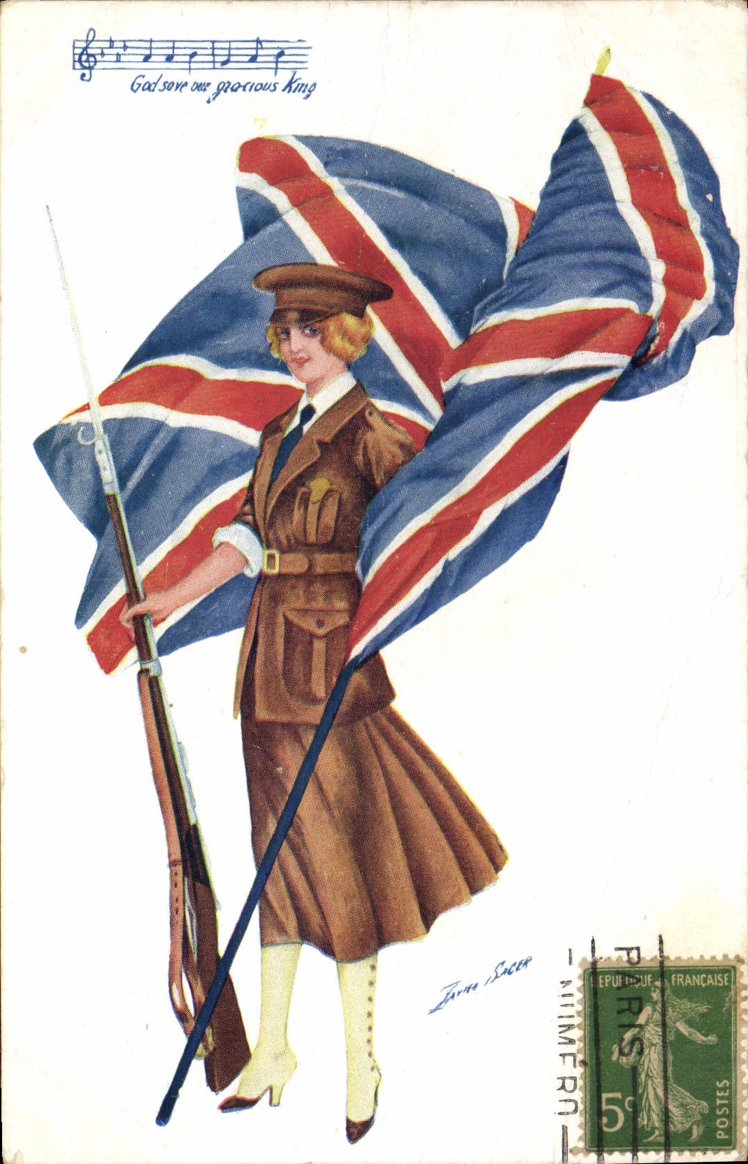 Vintage Postcard Fantasy Illustrator Xavier Sager Woman England Flag