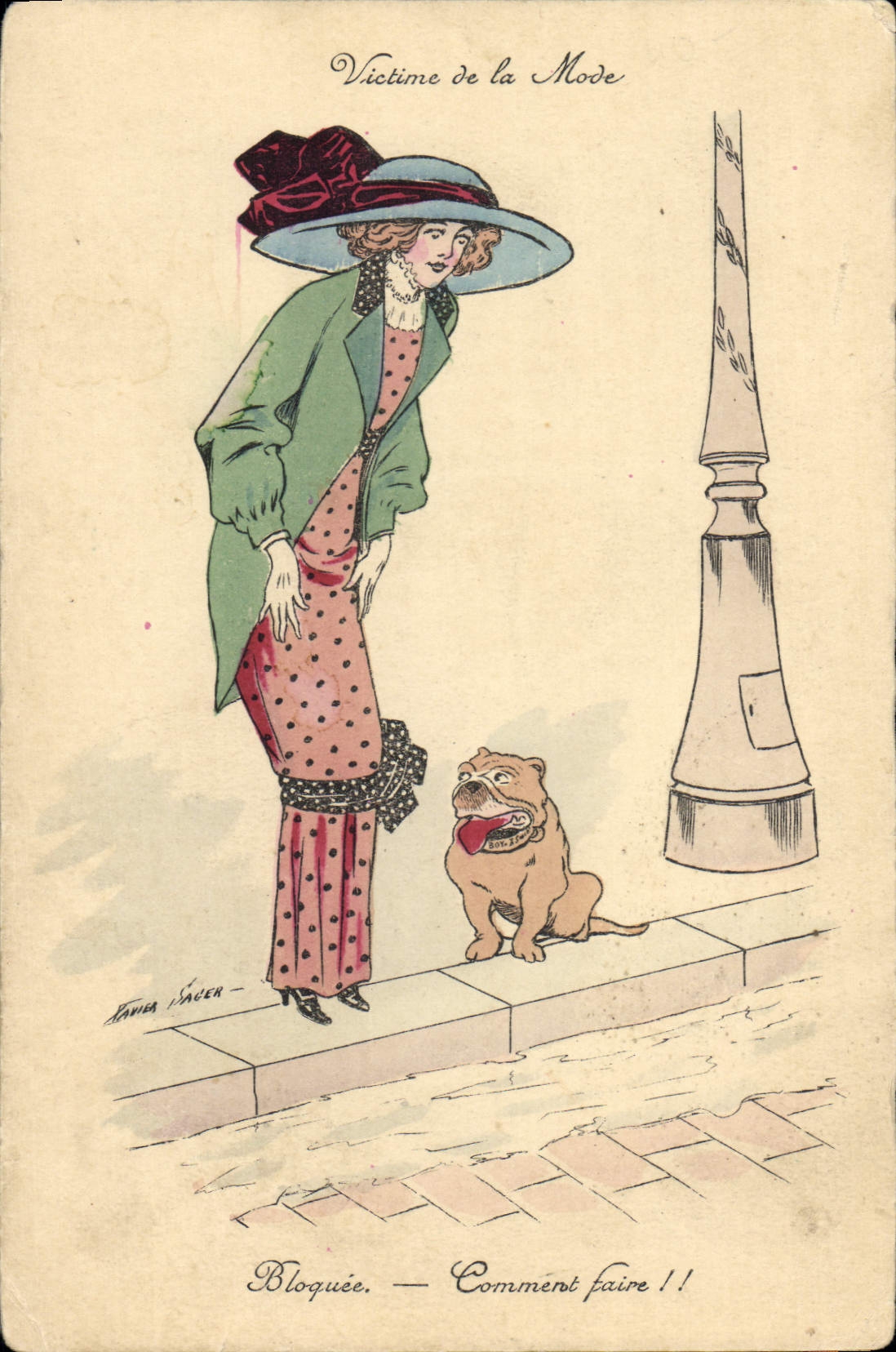 Vintage Postcard Fantasy Illustrator Xavier Sager Woman Dog Victim of the mode