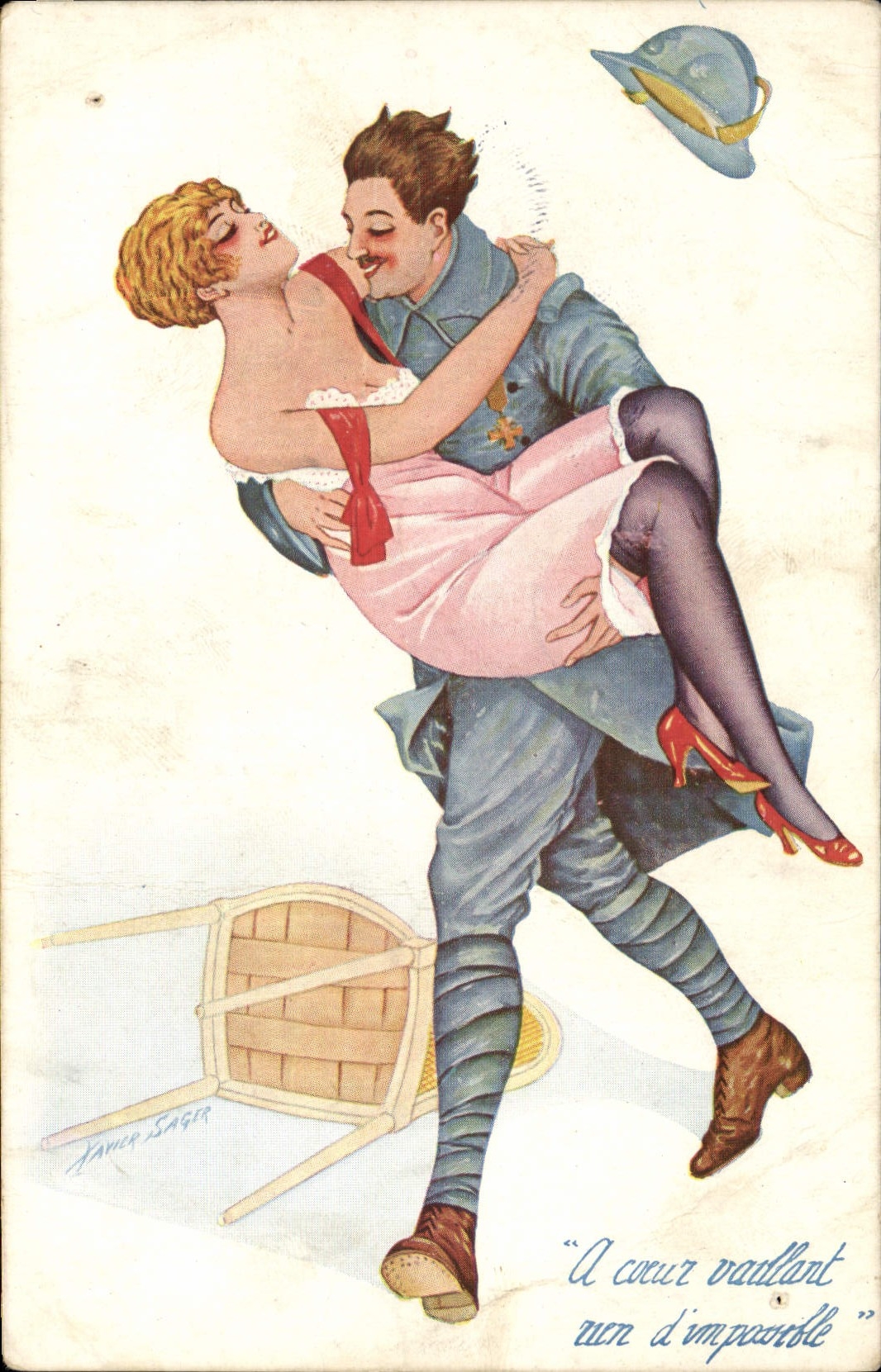 Vintage Postcard Fantasy Illustrator Xavier Sager Woman A valiant heart nothing impossible Militaria