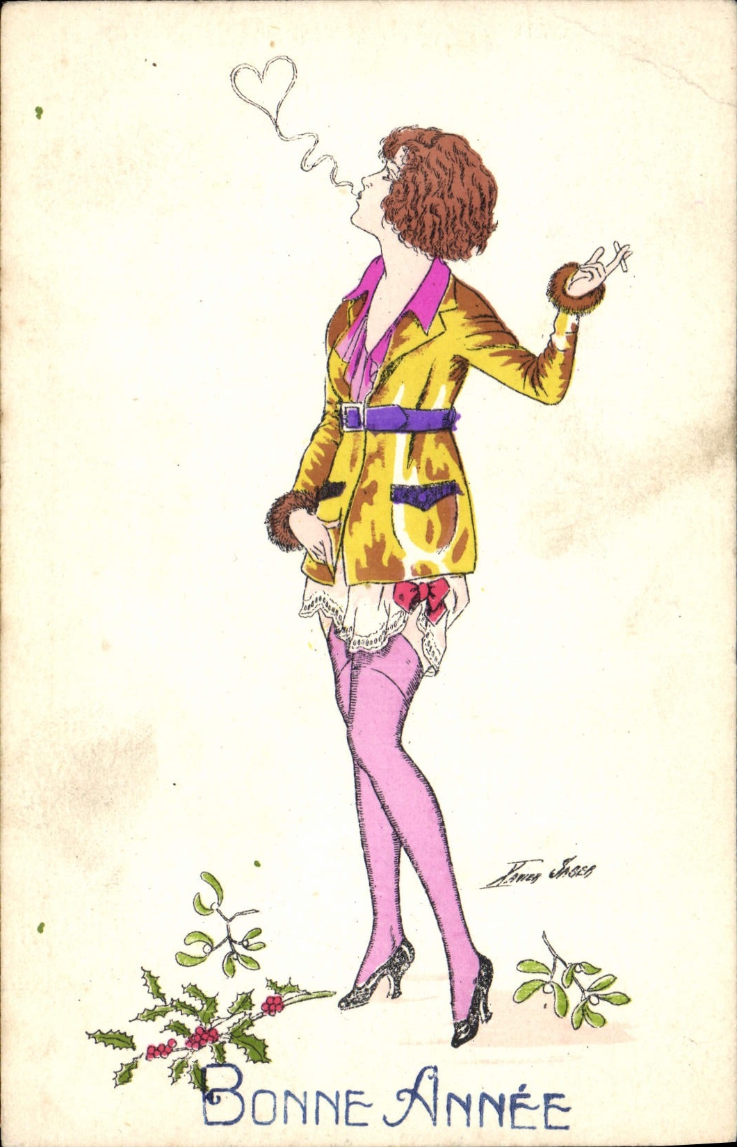 Vintage Postcard Fantasy Illustrator Xavier Sager Woman Happy new year