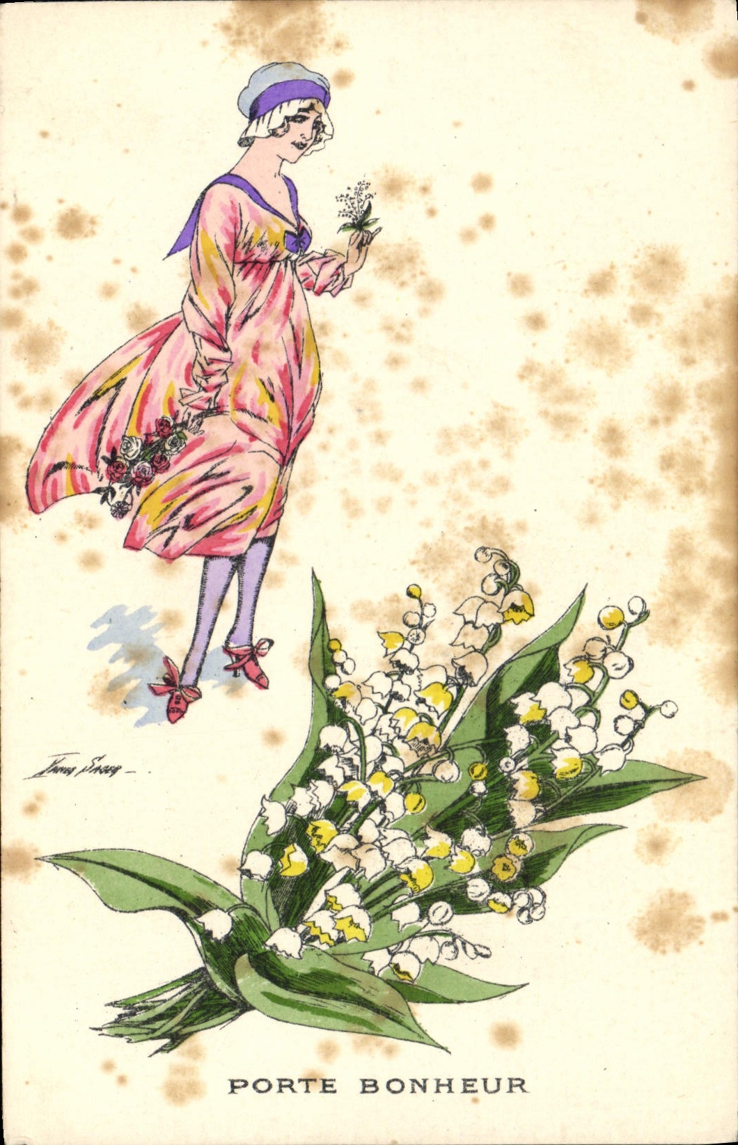 Vintage Postcard Fantaisie Illustrator Xavier Sager Femme Carries happiness