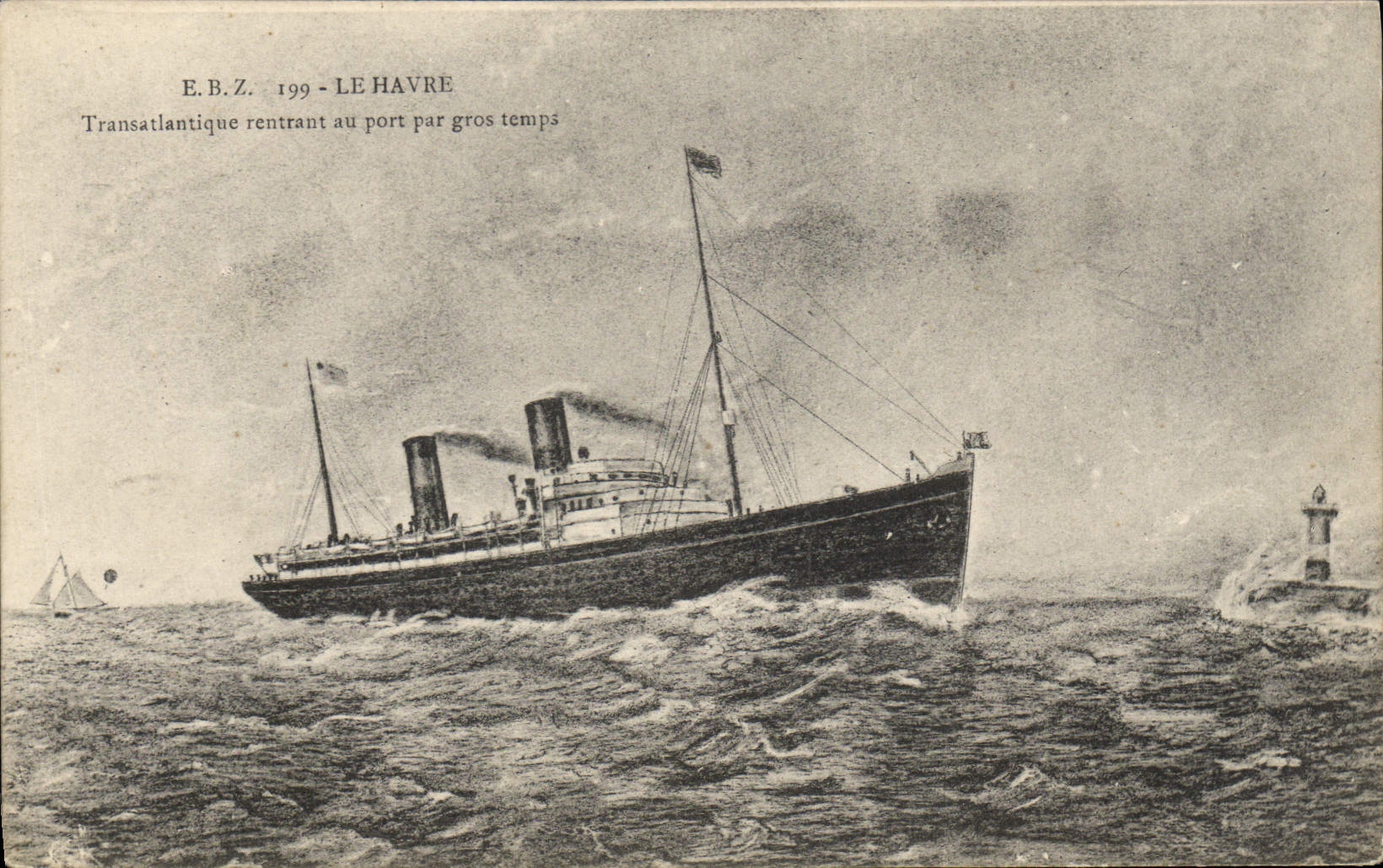 CPA Phare Le Havre Transatlantique rentrant au port par gros temps Bateau