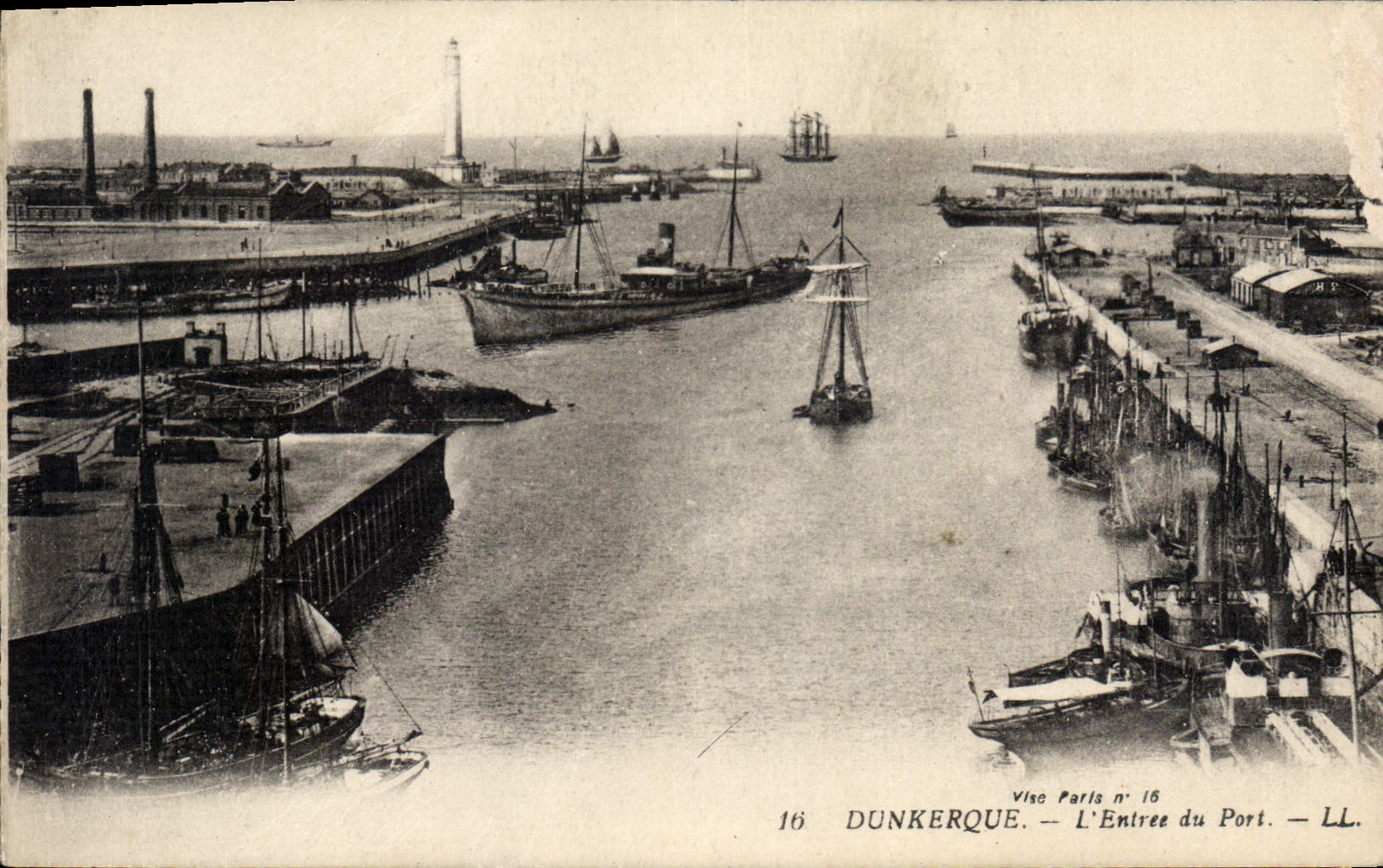 Vintage Postcard Dunkirk Headlight the entry of the port Boats