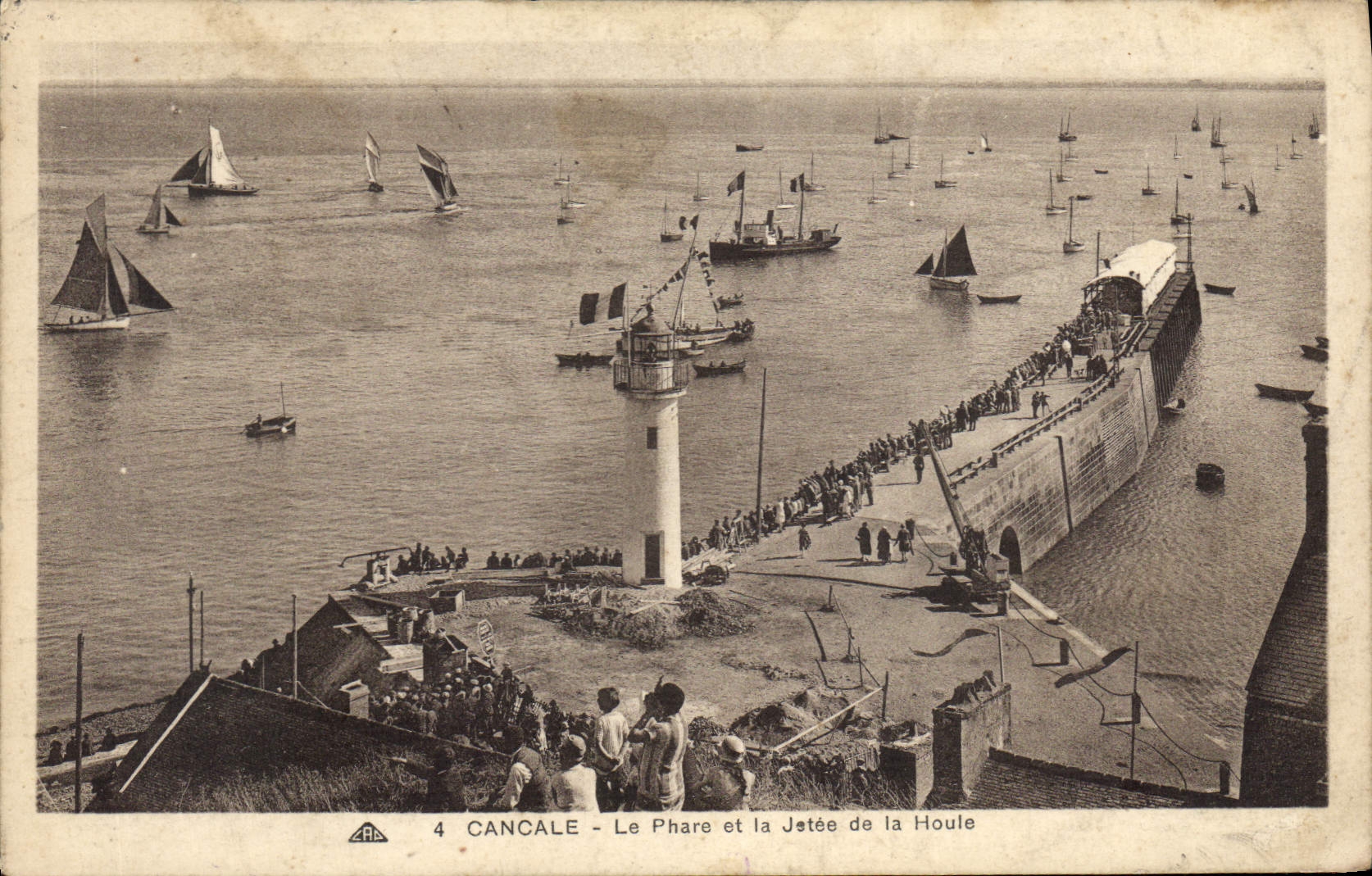 Vintage Postcard Cancale Headlight the headlight and the pier of the swell Boats